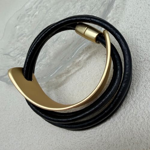 Leather Wrap Bracelet for Women Bangle Bracelet Handmade Bohemian Bangle Bold Statement Leather Bracelet for Women Trendy - style: Black Leather Wrap Bracelet-Gold