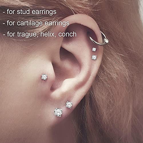 PunkTracker 16g/18g/20g Titanium Steel Threadless Flat Back Cartilage Earrings for Helix/Tragus/Conch/Daith/Earlobe - Nose Studs Lip Rings Labret Monroe Piercing Jewelry for Women Men 2PCS - style: 18g,silver,8mm bar,3mm gem