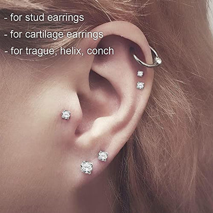 PunkTracker 16g/18g/20g Titanium Steel Threadless Flat Back Cartilage Earrings for Helix/Tragus/Conch/Daith/Earlobe - Nose Studs Lip Rings Labret Monroe Piercing Jewelry for Women Men 2PCS - style: 18g,silver,8mm bar,3mm gem