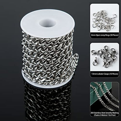 UMAOKANG 16.4 Feet Stainless Steel 10MM Cuban Chains for Jewelry Making | Silver Heavy Duty Chain Bulk Chunky Curb Cuban Link Men Hip Hop Necklace Bracelet DIY Chain Jump Rings Lobster Clasps Set - color: Silver Twist 10mm