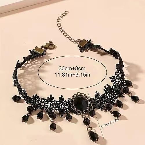 Women's Goth Accessories Set - Black Lace Fingerless Gloves and Velvet Choker Necklace for Halloween, Prom, 1920s Party & Gothic Cosplay