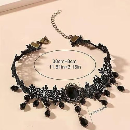 Women's Goth Accessories Set - Black Lace Fingerless Gloves and Velvet Choker Necklace for Halloween, Prom, 1920s Party & Gothic Cosplay