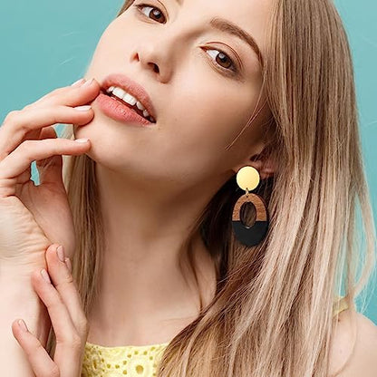 Wooden Geometric Clip On Earrings Women Gold Black Wood Non Pierced Ears Dangle Drop Earrings Triangle Leaf Comfortable Clip Earrings Jewelry - color: Circle_Black+Gold