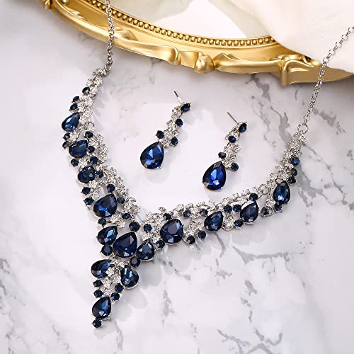 BriLove Women's Wedding Bridal Austrian Crystal Teardrop Flower Cluster Statement Necklace Dangle Earrings Jewelry Set for Party Prom - color: 2Pcs-Sapphire Color Silver-Tone