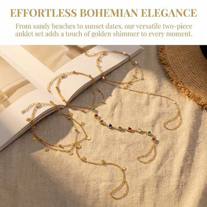 Golden-Tone Link Chain Anklet and Toe Ring Jewelry set for women | Adjustable Link Chain Anklets Jewelry set Colorful Crystal Charms, Star and Heart Accents Summer Beach Boho Foot Jewelry - color: Golden