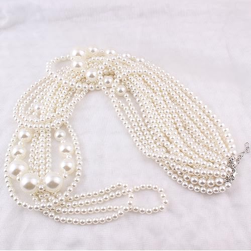 Multilayer Strand Chain Faux Pearls Flapper Beads Cluster Long Choker Necklace - color: White Necklace