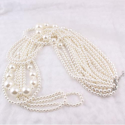 Multilayer Strand Chain Faux Pearls Flapper Beads Cluster Long Choker Necklace - color: White Necklace