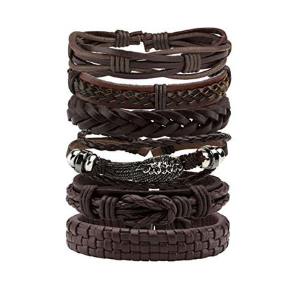 Eigso PU Leather Braided Handmade Cuff Wrap Bracelet Handbands for Men Women Stackable Adjustable - color: Brown