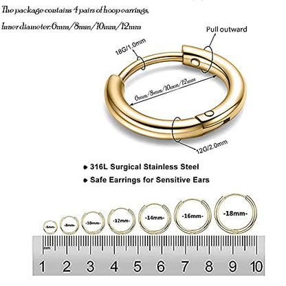 316L Surgical Stainless Steel Huggie Hoop Earrings 6mm 8mm 10mm 11mm 12mm 14mm Hypoallergenic Earrings Hoop Cartilage Helix Lobes Hinged Sleeper Earrings For Men Women - style: G01:4Pairs gold(6mm/8mm/10mm/12mm)18G