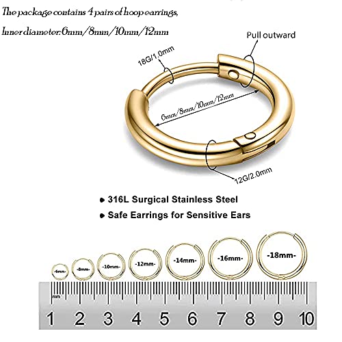 316L Surgical Stainless Steel Huggie Hoop Earrings 6mm 8mm 10mm 11mm 12mm 14mm Hypoallergenic Earrings Hoop Cartilage Helix Lobes Hinged Sleeper Earrings For Men Women - style: G01:4Pairs gold(6mm/8mm/10mm/12mm)18G