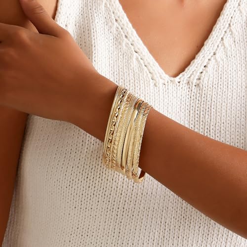 Gold Bangles for Women, 12 Pcs Boho Stackable Bracelets Multi Layer Textured Chunky Bracelets Jewelry Set for Women - color: Style D- 10 pcs gold