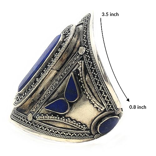 Afghan Tribal Wide Adjustable Cuff Bracelet Set – Boho Chic Statement Pair Featuring Bold Red & Blue Stones, Intricate Engravings, Oxidized Finish, 0.8 to 3.5-Inch Width