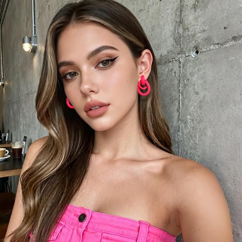 Gold Chunky Earrings for Women Geometric Knot Link Drop Dangle Earrings 14K Gold Plated Statement Earrings Trendy Gold Jewelry - color: Style 1-Pink