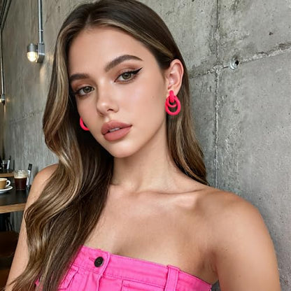 Gold Chunky Earrings for Women Geometric Knot Link Drop Dangle Earrings 14K Gold Plated Statement Earrings Trendy Gold Jewelry - color: Style 1-Pink