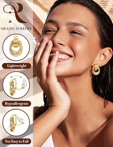 ORAZIO Clip On Earrings Women Geometric Statement Unique Non Pierced Earrings 14K Gold Plated Knot Chunky Drop Dangle Hoop Stud Clip-on Earrings for Women Trendy - color: Style C-Gold Plated