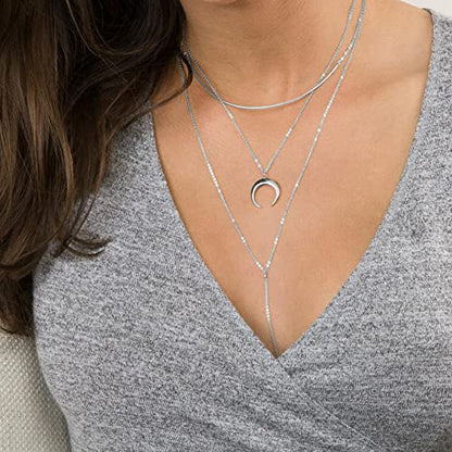 Turandoss Gold Layered Necklaces for Women - 14K Gold Plated Handmade Multilayer Bar Pearls Coin Disc Moon Butterfly Medallion Adjustable Dainty Layered Choker Necklaces for Women Jewelry - style: 3PCS Silver - Chain&Crescent&Bar