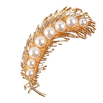 Pearl Diamond Brooch Pins for Dress Sweater Scarf, Wedding Party Decoration Birthday Christmas Gift - style: Feather (Gold)