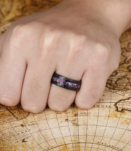 8mm Black Tungsten Mens Wedding Band with Moss Agate/Emerald/Citrine | Amethyst/Aquamarine, Gothic, Birthstone, Hammered, Engagement Promise Ring, Anniversary Valentine Day Birthday Gift for Him - style: Amethyst