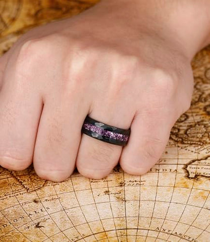 8mm Black Tungsten Mens Wedding Band with Moss Agate/Emerald/Citrine | Amethyst/Aquamarine, Gothic, Birthstone, Hammered, Engagement Promise Ring, Anniversary Valentine Day Birthday Gift for Him - style: Amethyst