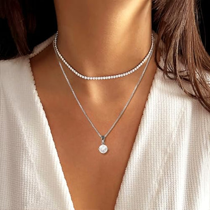 Layered Necklaces for Women, Dainty 14K Gold Plated Diamond Tennis Necklace, Simple Stackable Layered Gold Necklaces for Women Trendy Sparkly Cubic Zirconia Pendant Necklace Set Jewelry Gift - color: Silver - Tennis & Round Diamond