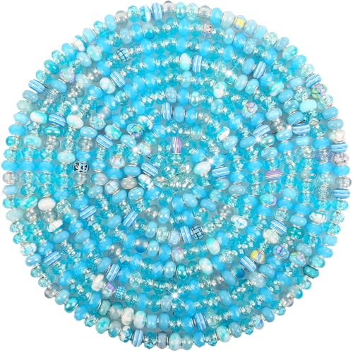 Large Hole Beads Spacer Beads Lake Blue Assorted European Craft Big Beads Large Hole Lampwork Murano Bead Fairy Wand Garden Beads for DIY Charm Bracelet Necklace Jewelry Making Decoration Supplies - color: Lake Blue, size: 100 Pcs