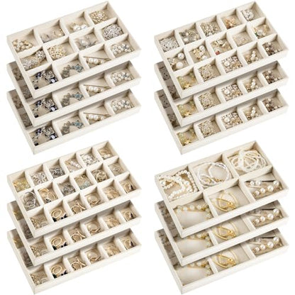 12 Pcs Jewelry Tray Velvet Stackable Jewelry Organizer Trays Divided Earring Accessories Storage Containers Box (Rose Red) - color: Beige