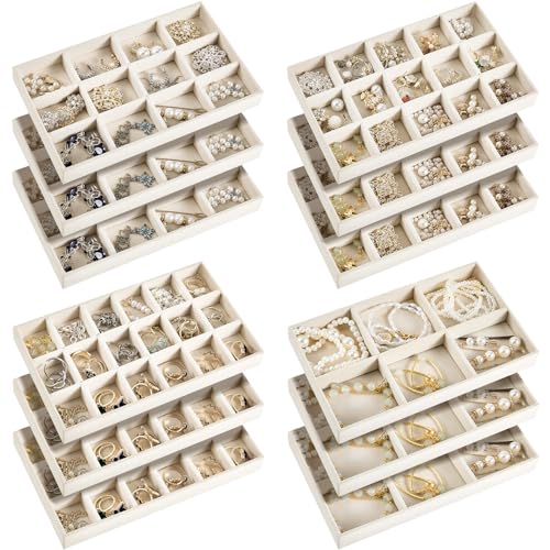 12 Pcs Jewelry Tray Velvet Stackable Jewelry Organizer Trays Divided Earring Accessories Storage Containers Box (Rose Red) - color: Beige