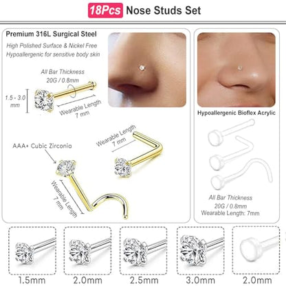 SEEDRILL 18Pcs Nose Rings Studs for Women Men 20G Clear Nose Studs piercing retainers Hypoallergenic 316L Surgical Steel Nose Piercings Jewelry Nose Ring L Shape Nose Stud 20 Gauge Nose Screw Studs - color: Gold