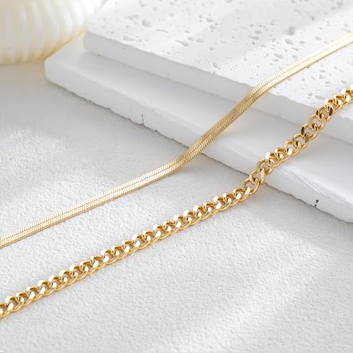 Robaice Adjustable Ankle Set for Women Waterproof, 14K Gold Plated | Layered Cuban, tennis, herringbone and clover chain styles, waterproof and non-tarnish for everyday wear or gifting - color: Cuban & Herringbone - Gold (2pcs)