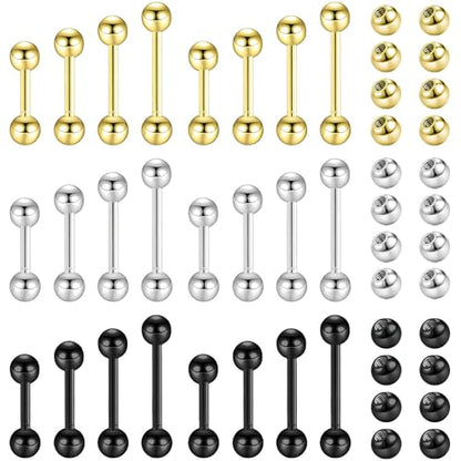 NEWITIN 48 Pieces 14G Stainless Steel Nipple Tongue Rings for Women Men | Hypoallergenic, Straight Barbells Piercing Jewelry Set, Silver Black Gold Bridge Piercings, Bar L 12-18mm, Ball Sz 5mm 6mm