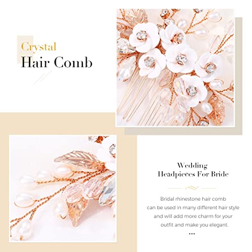 Unicra Flower Bride Wedding Hair Comb Leaf Rose Gold Bridal Headpiece Pearl Hair Accessories Crystal Hair Piece Jewelry for Women (C Rose Gold) - color: C Rose Gold