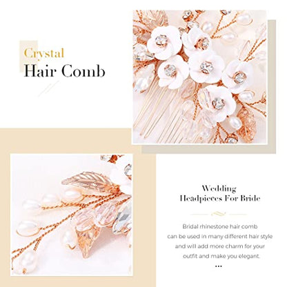 Unicra Flower Bride Wedding Hair Comb Leaf Rose Gold Bridal Headpiece Pearl Hair Accessories Crystal Hair Piece Jewelry for Women (C Rose Gold) - color: C Rose Gold