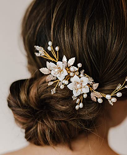 SWEETV Wedding Hair Comb for Bridal Hair Accessories, Handmade Flower Bridal Hair Clip Hair Pieces, Gold, 5.12 *2.75 inches, 1 Count (Pack of 1) | Handmade Wedding Hair Accessories Wedding Hair Pieces for Brides, Wedding Hair Clip Bridal Hair Comb Gold 5.