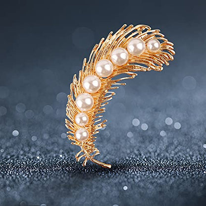 Pearl Diamond Brooch Pins for Dress Sweater Scarf, Wedding Party Decoration Birthday Christmas Gift - style: Feather (Gold)