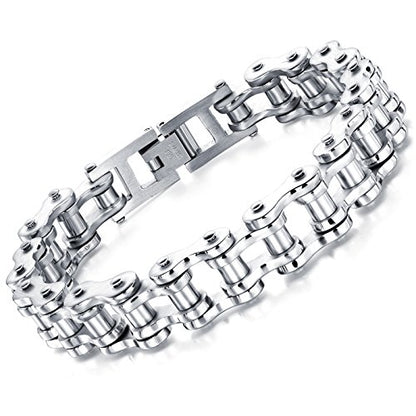 jonline24h Mens Womens Stainless Steel Motorcycle Biker Chain Heavy Bracelet Rock Link Wristband - color: Silver