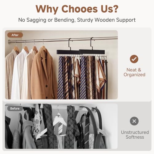 StorageWorks Tie Hanger with 20 Swivel Hooks, 2 Pack Wooden Hanger, Black | Sturdy Black Tie Wooden Hanger with 180° Swivel Hooks, Space Saver Rack for Ties, Belts, Scarves in Closet - color: Black