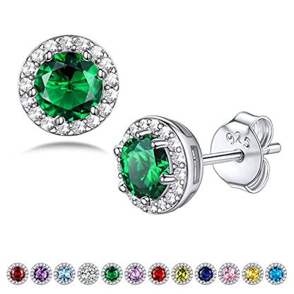 Bestyle Sparkling 925 Sterling Silver Birthstone Stud Earrings for Women, Heart/Round/Teardrop/Square Solitaire Diamond Studs Earrings, Great Birthday/Christmas Gifts - style: 05.Green Emerald-May-round