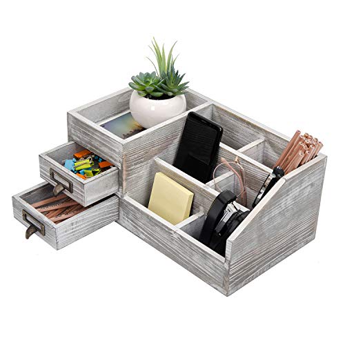 Distressed Rustic Wooden Office Desktop Organizer Wood Shelf Tabletop Home Organizer Storage with Multiple Compartments 2 Tier Drawers,perfect Jewelry storage Display Box for Desk, Vanity (gray) - color: gray