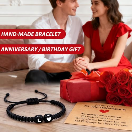 Valentines Day Gifts for Him Her Heart Love Letter Initial Matching Couple Bracelets for Women Men Teen Gifts Best Friend Graduation Birthday Gifts A-Z Braided Bracelet Son Daughter Dad Jewelry - color: Black-L