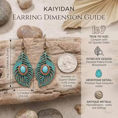 Boho Turquoise Dangle Earrings For Women Trendy,Western Blue Gemstone Drop Earings,Vintage Gothic Ethnic Statement Beach Vacation Long Birthstone Earrings with Leaf Teardrop Turquoise Crystal Tassels,Fashion Jewelry Birthday Gift. - style: A3 Feather Turq
