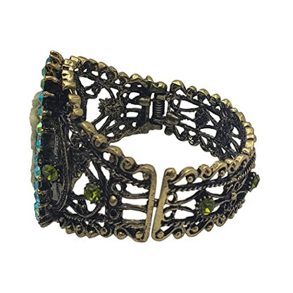 Rosemarie & Jubalee Women's Stunning Vintage Inspired Burnished Gold Statement Victorian Elegance Metal Frame Hinged Cuff Bangle Bracelet, 6.75" - style: Green Cameo