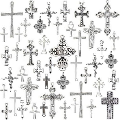 stino 100 Gram Metal Charms for Jewelry Making, Silver & Gold Plated, Bulk Pack for Bracelets, Necklaces, Crafts - color: Cross Silver