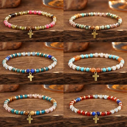 Christian Colorful Natural Gemstones Stone Seed Beaded Bracelets for women Men, Handmade Gold Cross Healing Crystal Jewelry, Lucky Amulet Faith Daily Party Friendship Holiday Gift - color: Blue Celestite