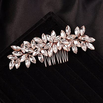 Teyglen Simple Full Rhinestones Wedding Hair Comb - Crystal Hair Pieces Luxurious Accessories for Bride - Bridal Side Hair Combs for Women and Girls (Rose Gold) - color: Rose Gold