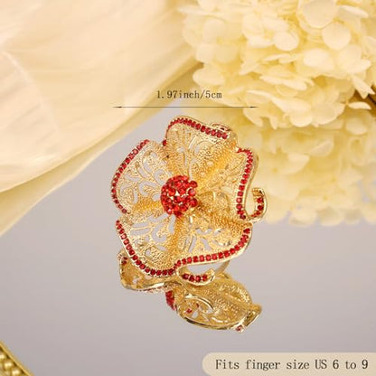 Elegant Big Crystal Flower Ring for Women Gold Rhinestone Floral Rings Open Finger Adjustable Crystal Flower Statement Ring Jewelry for Bridal Wedding - color: Flower 1 - red