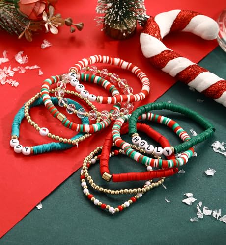 iF YOU 13pcs Boho Brown Gold Beaded Stretch Bracelets for Women, Heishi Clay Surfer Stackable Bracelet Stacks Summer Beach Jewelry - style: Red & Green Clay Bracelets