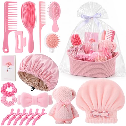 20 Pcs Gift Basket for Women Hair Care Pack Includes Self Care Beauty Set Hair brush Set for Women, Mom Friend Sister Wife Grandma Girlfriend Daughter(Pink) - color: Pink