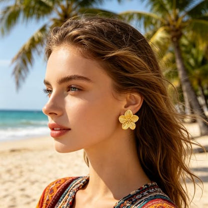 Gold Statement Earrings For Women, 14K Gold Plated Textured Geometric Drop Earrings - Hypoallergenic Stainless Steel Statement Earrings for Women, Waterproof Fan-Shaped Dangle Earrings for Beach & Daily Wear - color: Flower DKE252067GL