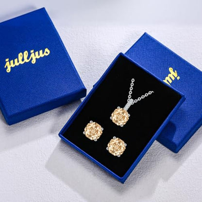 Rose Cut Silver Solitaire Necklace and Earring Set for Women, Jewelry Gift | Rose Cut, Cubic Zirconia, Necklace and Stud Earrings Set, Jewelry Set, Minimalist - color: Champagne