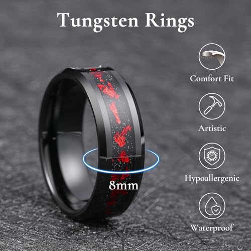 King Will Mens Wedding Band with Foils Inlay, Black/Silver/Gold | Black, 6mm/8mm, Beveled Edge, Comfort Fit, Glowstone Ring, Everyday Wear - color: Black&Red-8mm